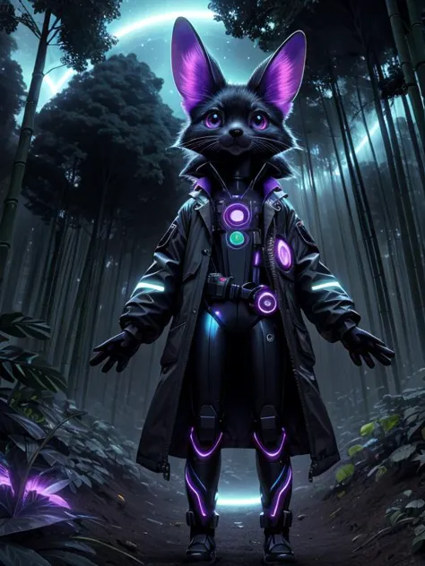 a cat in a black coat standing in a forest with purple lights