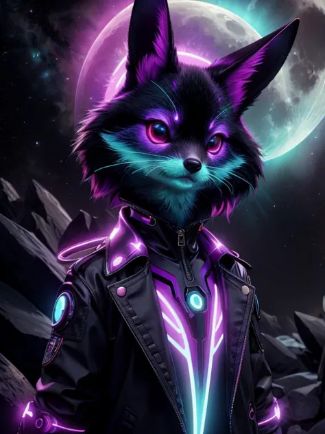 a cat with glowing eyes and a jacket on stands in front of a full moon