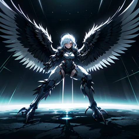 a_photo_of harpy monster girl looking at viewer, winged arms, harpy, bird legs, talons, detailed background, detailed face, cyberpunk soldier, saboteur, wearing battle-gear, battle-stance, cybernetic implants, glowing neon lights, searchlights in background, storm, floating particles, particle effects, cinematic atmosphere <lora:Cyberpunk01:0.971>    <lora:UltraBlackholeTech-20:0.28> ulblackholetech,