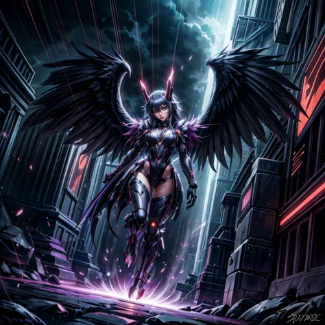 harpy monster girl looking at viewer, winged arms, harpy, bird legs, talons, detailed background, detailed face, cyberpunk soldi...