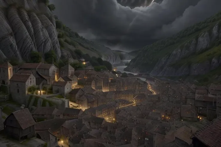 a view of a town in the mountains at night with a full moon