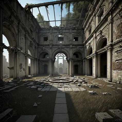 Hyperrealistic photo fullbody shot, (establishing shot:1.5), ruins of a courtyard with a building, creepy looking, a deserted, g...