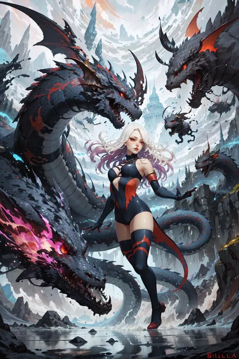 a woman in a black and red outfit standing next to a dragon