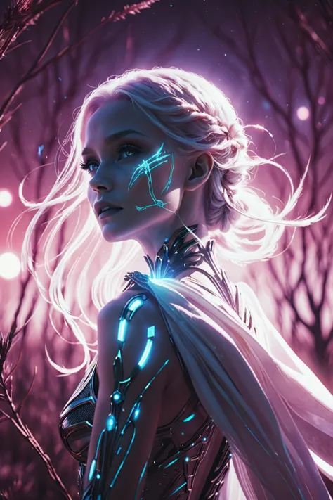 a woman with glowing hair and a futuristic outfit stands in a forest