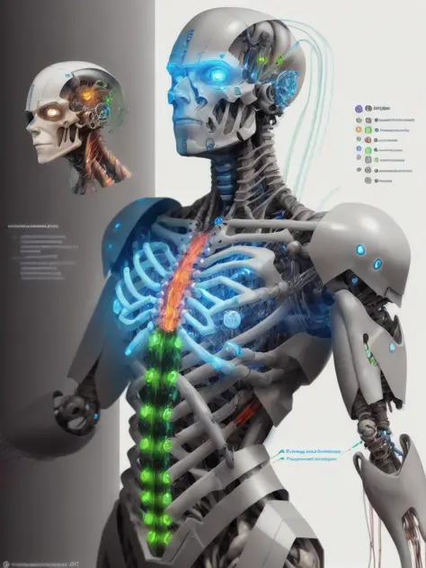 3D Technical diagram of a battle cyborg, translucent skin, human face, bio-organic, tubes and veins, titanium bones, brain cortex, power cell. Intricate details, (schematic, circuits, sketch, infographic+).