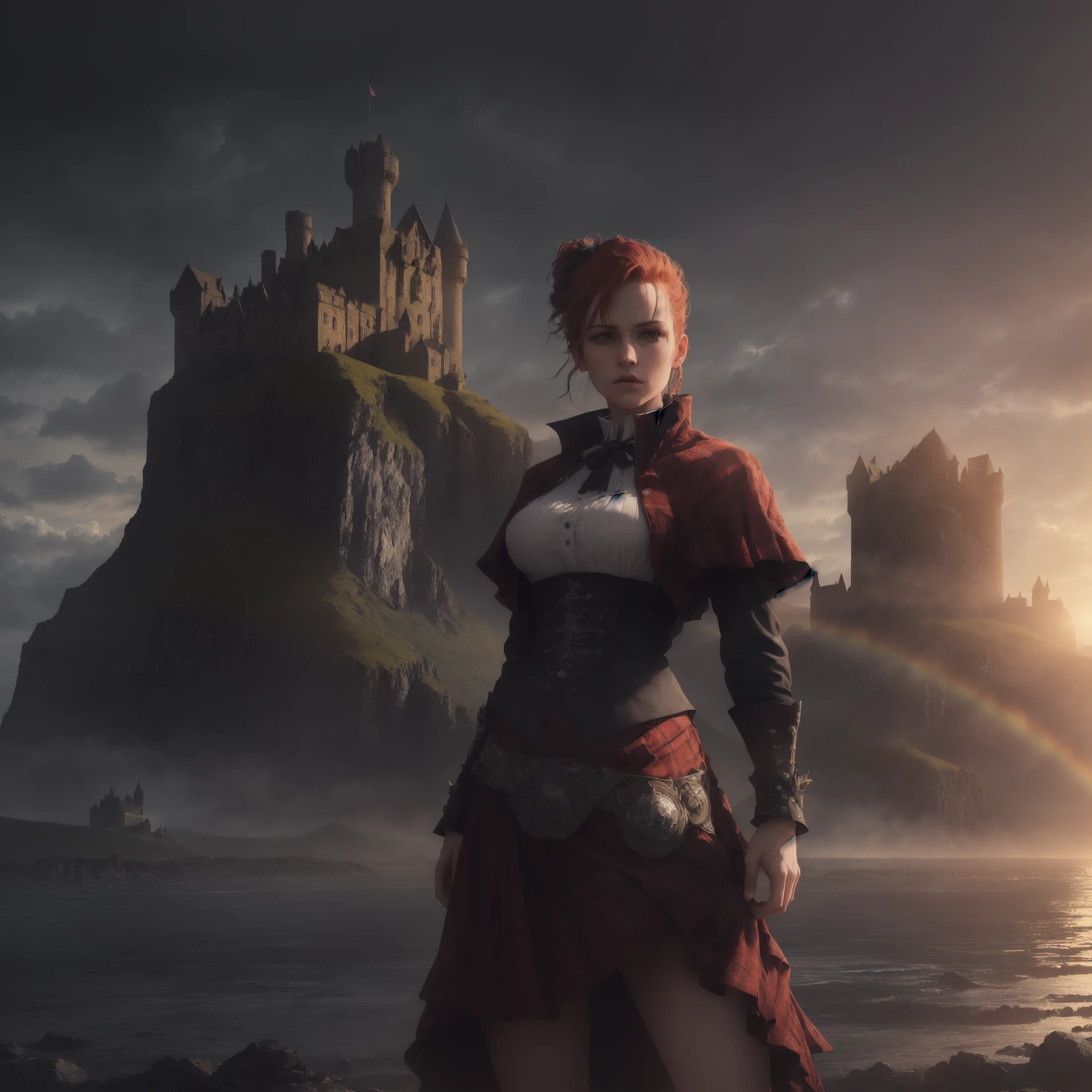 Masterpiece, A half body shot of a rebellious beautiful Scottish punk woman wearing a Vivienne Westwood  outfit,  Bamburgh Castle in the background,  very detailed, Cinematic lighting, with volumetric rays and bloom effect in the style Greg Rutkowski, dramatic lighting ,clouds at sunset,  rainbow:.4, photorealistic digital art trending on Artstation 8k HD high definition detailed realistic, Style-Kilt:.4