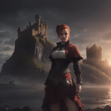 Masterpiece, A half body shot of a rebellious beautiful Scottish punk woman wearing a Vivienne Westwood  outfit,  Bamburgh Castle in the background,  very detailed, Cinematic lighting, with volumetric rays and bloom effect in the style Greg Rutkowski, dram...