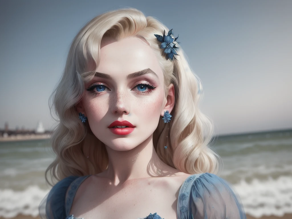 closeup (photo) of  a variety of debutante|bridal|goth, (Veronica Lake)|(Elle Fanning:.5)|(Marilyn Monroe) woman of (different varied poses), long hair, light freckles and pale shimmery skin, (glowing blue eyes),stood on Brighton beach,  (shallow depth of field), photorealistic digital art trending on Artstation by Aphonse Mucha, 8k HD high definition detailed realistic,