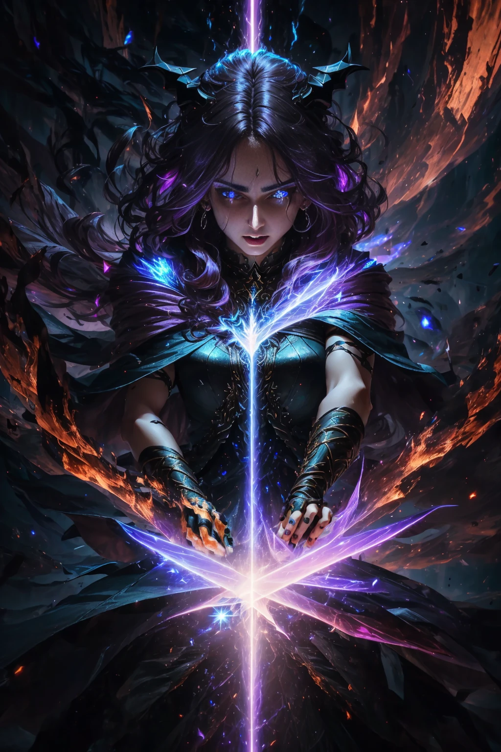 A demonic sorceress casting a fire spell, beautiful, highly detailed, hyperrealistic, cinematic lighting, dark, space background, soft cinematic lighting, (backlighting:1.2), (bloom:1.2), (light sparkles:1.1), (chromatic aberration:1.2), sharp focus, high contrast