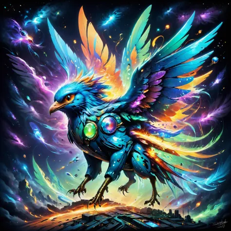 circuitrytech towering insectoid monstrosity, Flocks of iridescent birds soaring gracefully, elemental art,, glowwave, ColorART,...