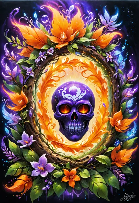 a painting of a skull surrounded by flowers and leaves