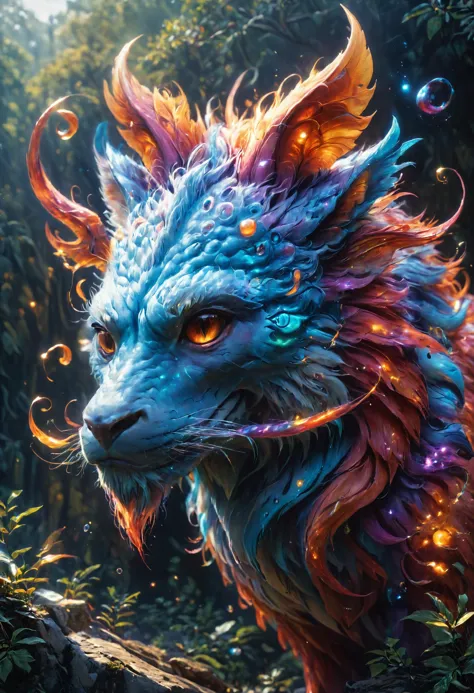 a colorful dragon with glowing eyes and long hair standing in the woods