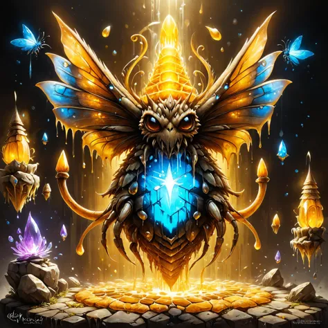 ral-hnycmb towering insectoid monstrosity, Floating spires crowned with glowing crystals, elemental art,, Back lighting,, sharp ...