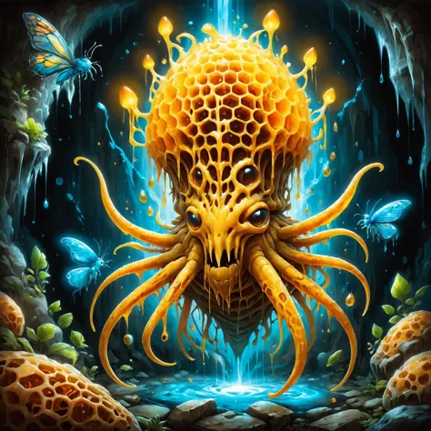 a painting of a giant octopus with a head made of honey