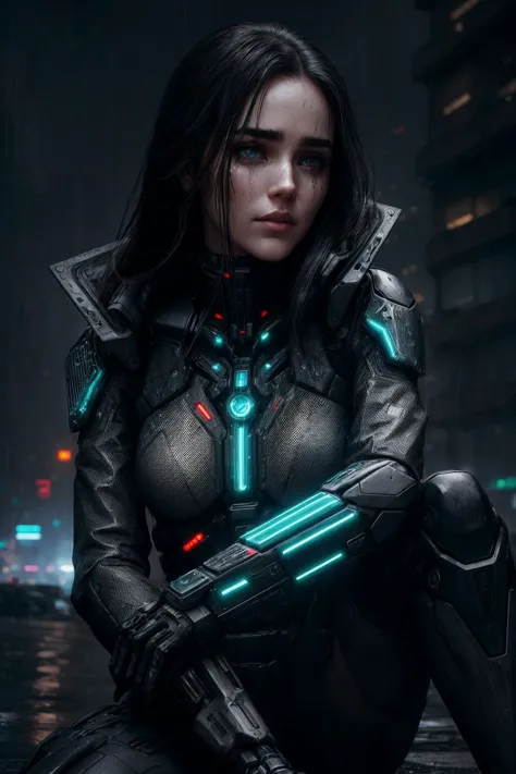 On a rainy night in the heart of a foggy, futuristic cyberpunk city, a young woman Jennifer connelly ( jenn1f1850) (sitting on t...