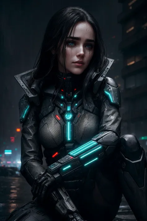 En una noche lluviosa en el corazón de una niebla espesa, ciudad futurista cyberpunk, una joven Jennifer Connelly ( jenn1f1850) (sentada en el suelo con las rodillas dobladas) en medio de una plaza extensa. Su apariencia es una mezcla sorprendente de fragilidad humana y aumento cibernético, encarna la esencia misma de este mundo distópico.
Las gotas de lluvia caen en cascada desde la oscuridad, Cielo opresivo, dejando rastros brillantes en su rostro. Su piel, de porcelana pálida y rayada por la lluvia, contrasta fuertemente con los implantes cibernéticos expuestos que cruzan su cuerpo. El metal brillante y la carne sintética se fusionan a la perfección, revelando su estado como una máquina viviente.
Sus ojos, mejorado con óptica cibernética, titilar con un toque de vulnerabilidad debajo de las hebras húmedas de cabello negro azabache que se aferran a su rostro. El maquillaje manchado alrededor de sus ojos, una vez cuidadosamente aplicada pero ahora manchada por la lluvia, acentúa la confusión grabada en su rostro.
Ella lleva un andrajoso, gabardina de alta tecnología, su tejido negro brillante una vez ahora opaco por la exposición a los elementos. La gabardina se aferra a su forma, la tela adornada con patrones de circuitos que brillan débilmente. Parches de piel sintética asoman por debajo de los bordes desgarrados de su ropa, mostrando sus mejoras cibernéticas visibles.
Sus manos, una fusión de carne humana y precisión mecánica, descansar suavemente en su regazo. Las yemas de los dedos, equipada con matrices de sensores, están manchados de barro y lluvia. Una red de intrincados, los tatuajes bioluminiscentes recorren sus brazos, revelando su conexión con el reino digital.
a su lado, una funda alberga una elegante, arma de fuego negra, su superficie metálica resbaladiza por la lluvia, insinuando el mundo peligroso que navega. A pesar de la vulnerabilidad y el desorden, su presencia en la plaza es enigmática, evocando un sentido de misterio en esta ciudad distópica donde lo humano y la máquina chocan en una lucha constante por la supervivencia.   