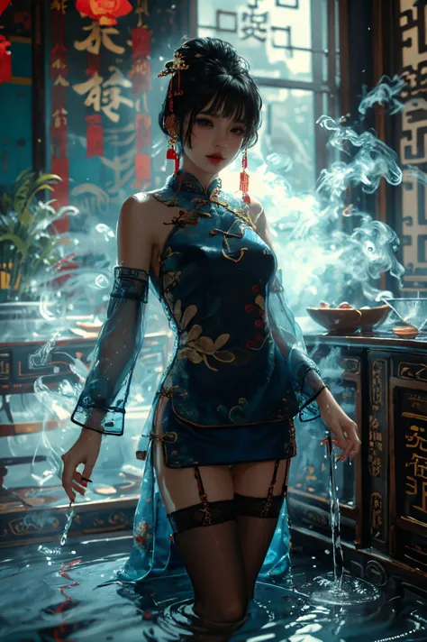 <lora:~Q?-p xuer shang dynasty:0.8>,(cheongsam:1.4),standing,(Black silk stockings),(Real water,Realistic water,flowing water:1....