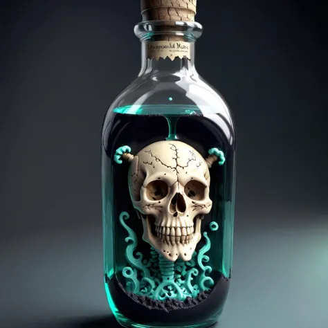 a close up of a bottle with a skull inside of it