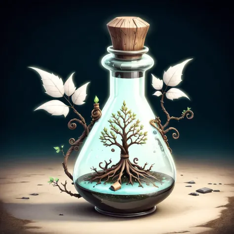 Dystopian style <lora:FFusionXL-SDXL-Potion-Art-Engine-LyCORIS-LoKR-v1:1>	a bottle with a tree and a tree inside	 potion of healing	 3 d render stylized	 stylized game art	 fantasy game art style	 painting of one health potion	 graphic of enchanted terrarium	 potion	 magic potions	 fantasy game spell symbol	 stylized concept art	 magical potions	 stylized 3d render	 alchemy concept . Bleak, post-apocalyptic, somber, dramatic, highly detailed