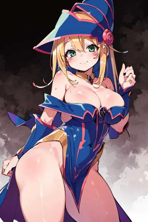 <lora:Zankuro_AnyLora_Dim32:0.8>, ((masterpiece,best quality)), absurdres, <lora:dark_magician_girl_v1:0.7>, hmdmg1, wizard hat, blush, blush stickers, cleavage, bare shoulders, dress, off shoulder, solo, smiling, looking at viewer, cowboy shot, cinematic ...