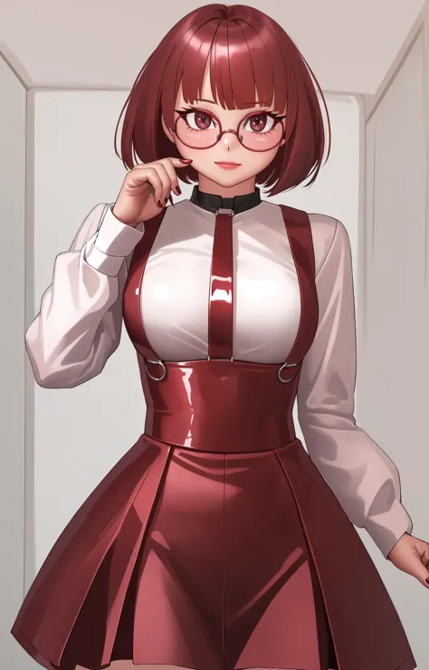 anime girl in a short skirt and glasses posing for a picture