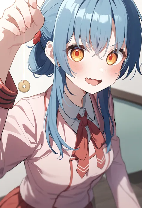 anime girl with blue hair and red tie holding a red object