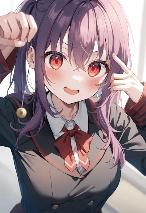 anime girl with purple hair and red eyes in uniform