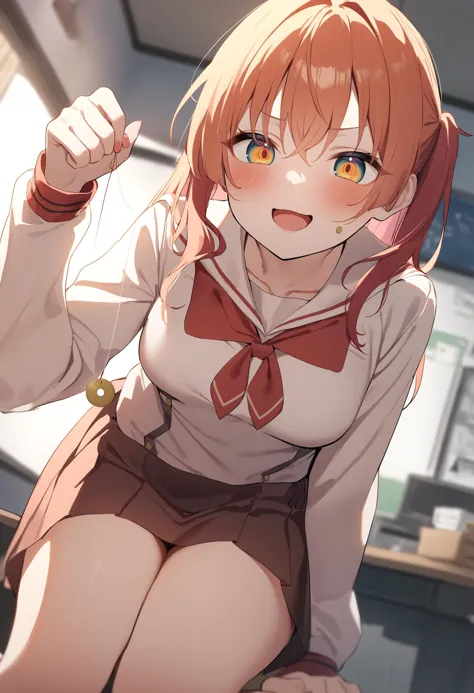 anime girl with red hair and a white shirt and brown skirt