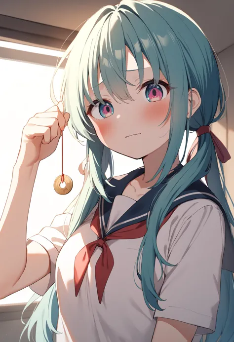 anime girl with blue hair and a white shirt holding a gold coin