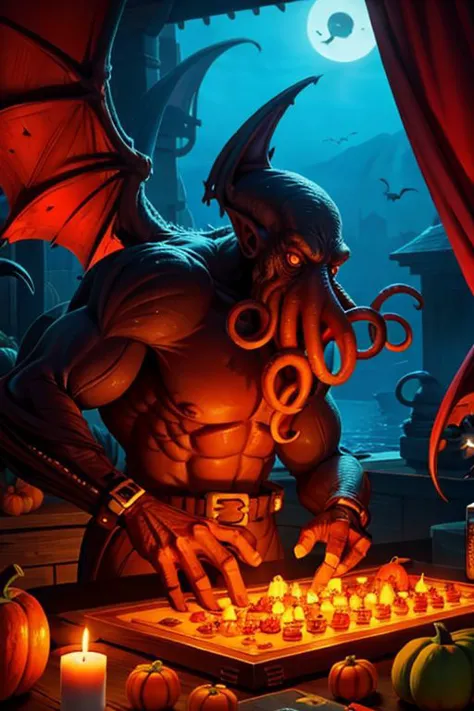 Cthulhu is a pumpkin monster among candy candles and dice, on a ship playing a board game with a vampire, bats flying around, in the steampunk style of the 19th century