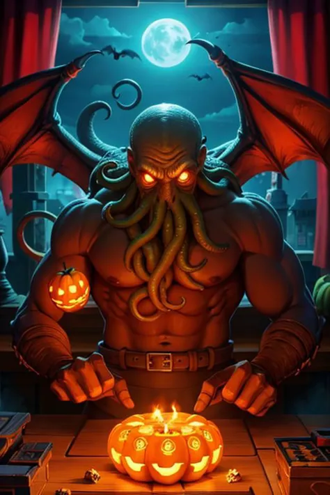 Cthulhu is a pumpkin monster among candy candles and dice, on a ship playing a board game with a vampire, bats flying around, in...