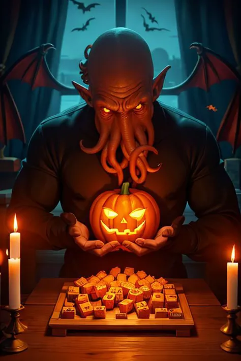 Cthulhu is a pumpkin monster among candy candles and dice, on a ship playing a board game with a vampire, bats flying around, in...