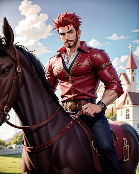 anime character on a horse with a church in the background