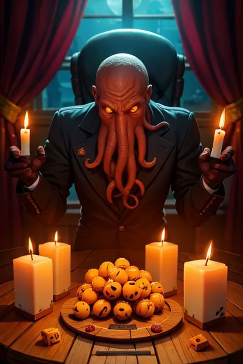 Cthulhu is a pumpkin monster among candy candles and dice, on a ship playing a board game with a vampire, bats flying around, in...