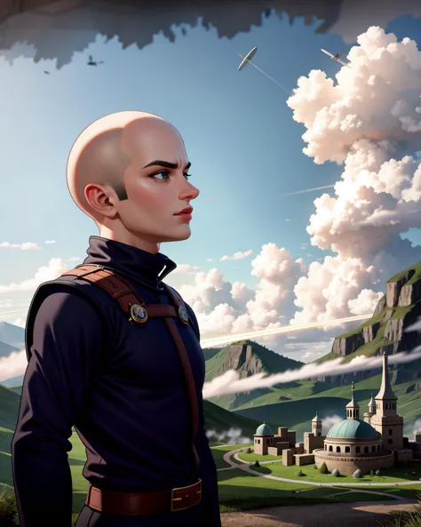 a close up of a person with a bald head and a sky background