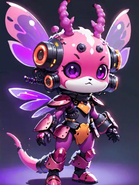 1girl,  fur pink with super fluffy face and covered in purple insect-like armor,  electrified ant antennae,  violet and purple w...