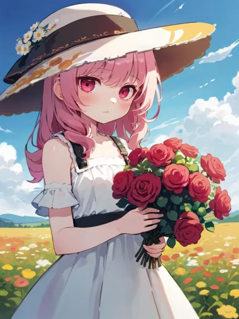(masterpiece, best quality),1girl,flower,solo,dress,holding,sky,cloud,hat,outdoors,bangs,bouquet,rose,expressionless,blush,pink ...