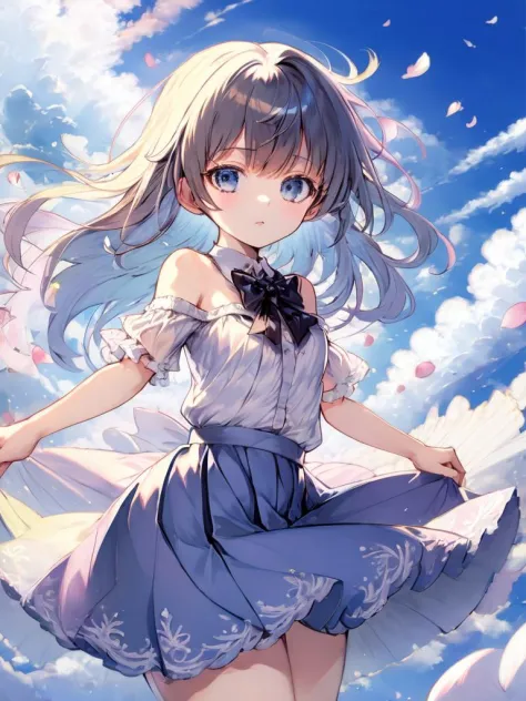 (((masterpiece))), (((best quality))), ((ultra-detailed)), (illustration), (1 girl), (solo), ((an extremely delicate and beautiful)), , ((beautiful detailed sky)), beautiful detailed eyes, side blunt bangs, hairs between eyes, ribbons, bowties, buttons, bare shoulders, (small breast), blank stare, pleated skirt, close to viewer, ((breeze)), Flying splashes,  Flying petals, wind
