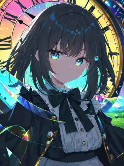 ((illustration)), ((floating hair)), ((chromatic aberration)), ((caustic)), lens flare, dynamic angle,  ((portrait)),  (1 girl), ((solo)), cute face, ((hidden hands)), asymmetrical bangs, (beautiful detailed eyes), eye shadow, ((huge clocks)),  ((glass strips)), (floating glass fragments), ((colorful refraction)), (beautiful detailed sky), ((dark intense shadows)), ((cinematic lighting)), ((overexposure)), (expressionless),  blank stare, big top sleeves, ((frills)), hair_ornament, ribbons, bowties, buttons, (((small breast))), pleated skirt, ((sharp focus)), ((masterpiece)), (((best quality))), ((extremely detailed)), colorful, hdr