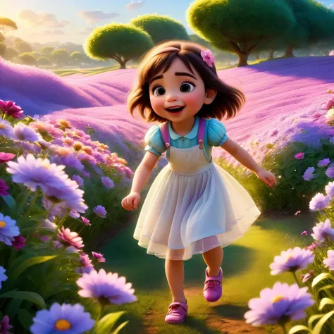 modisn disney, a little girl playing in a flower field, adorable, good, intensely beautiful image, sharp resolution