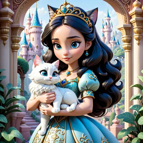 modisn disney style, princess holding an ornate cat, detailed, intricate, high quality, unique scenery