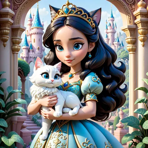 modisn Disney-Stil, Prinzessin hält eine verzierte Katze, ausführlich, kompliziert, gute Qualität, einzigartige Landschaft