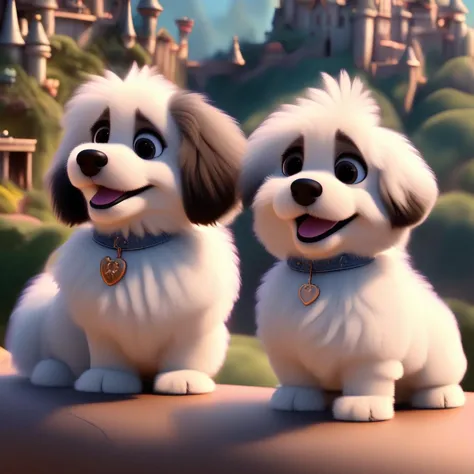 modern disney style, fluffy cute dogs, beautiful scenery, very high quality, detailed, intricate, flawless