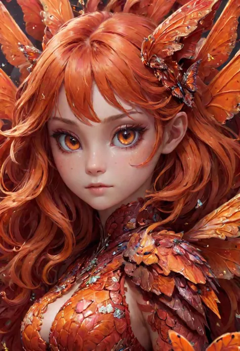 a close up of a woman with red hair and orange wings