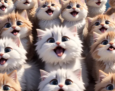 modisn disney, many fluffy cute kittens next to each other, adorable, cute little mouth open, happy expression, random fur color...