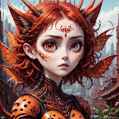 a close up of a woman with red hair and horns