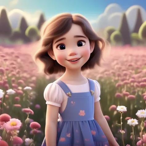modern disney style, cute little girl in flower field, very high quality, absolutely outstanding image