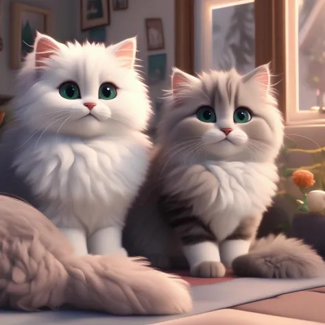 modern disney style, fluffy cute cats, beautiful scenery, very high quality, detailed, intricate, flawless