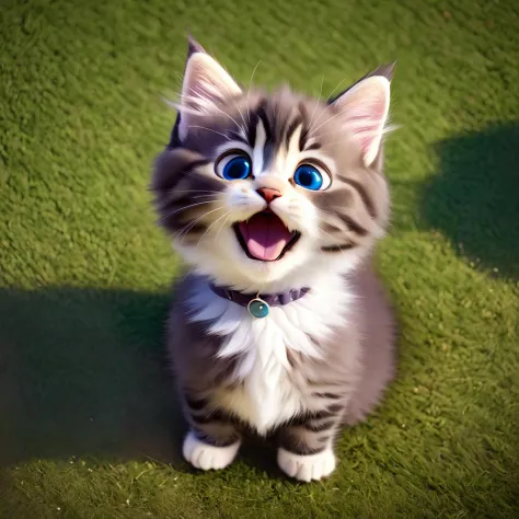 modisn disney style, a cute little kitten looking up at the viewer, adorable, very high angle