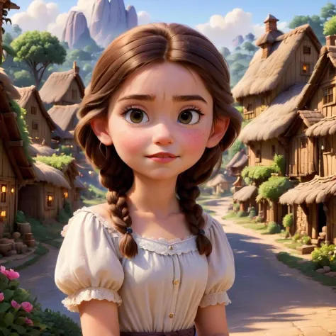 modisn disney, young lady, village scenery, absolutely outstanding image
